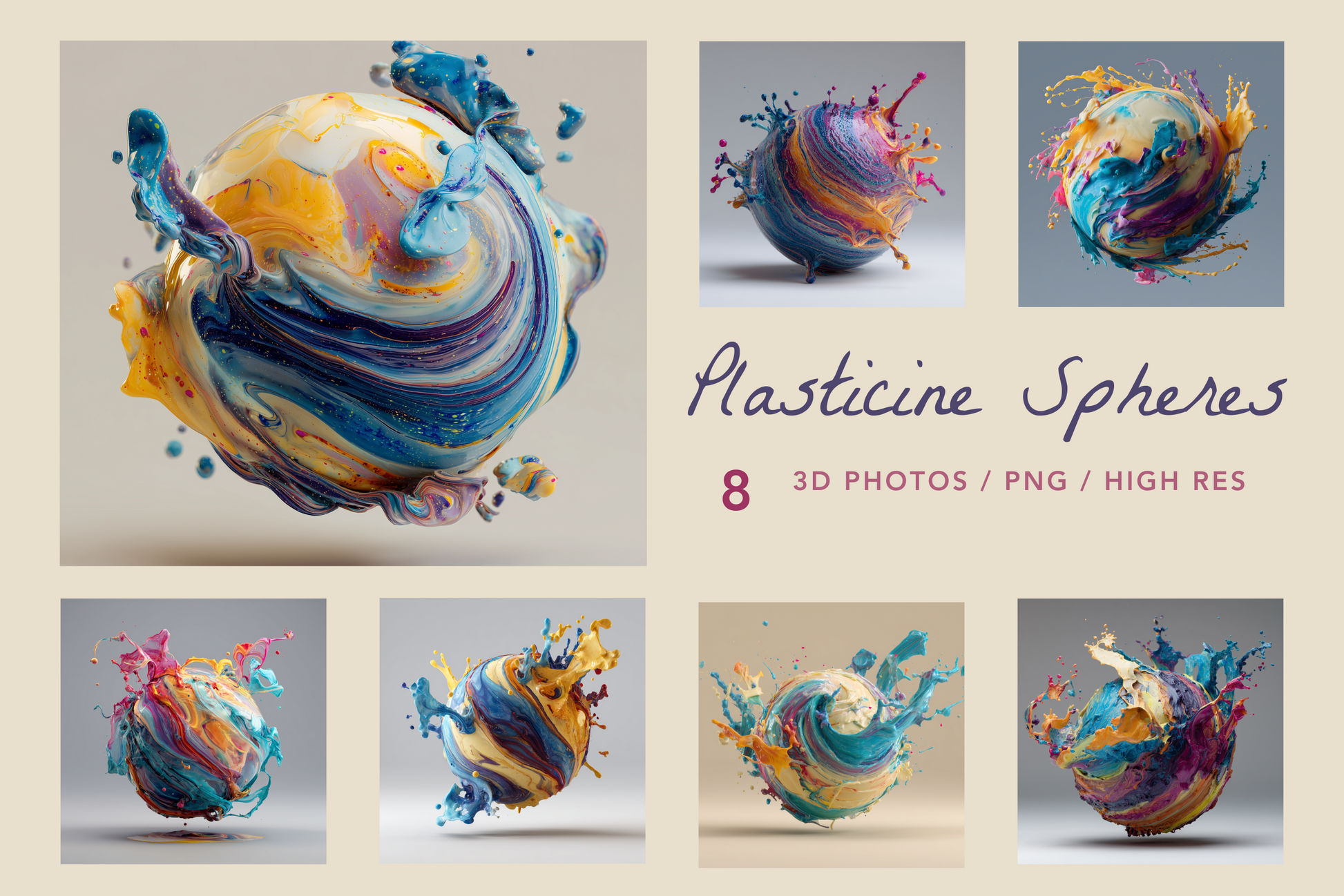 Colorful plasticine spheres with text indicating 3D photos and high resolution.