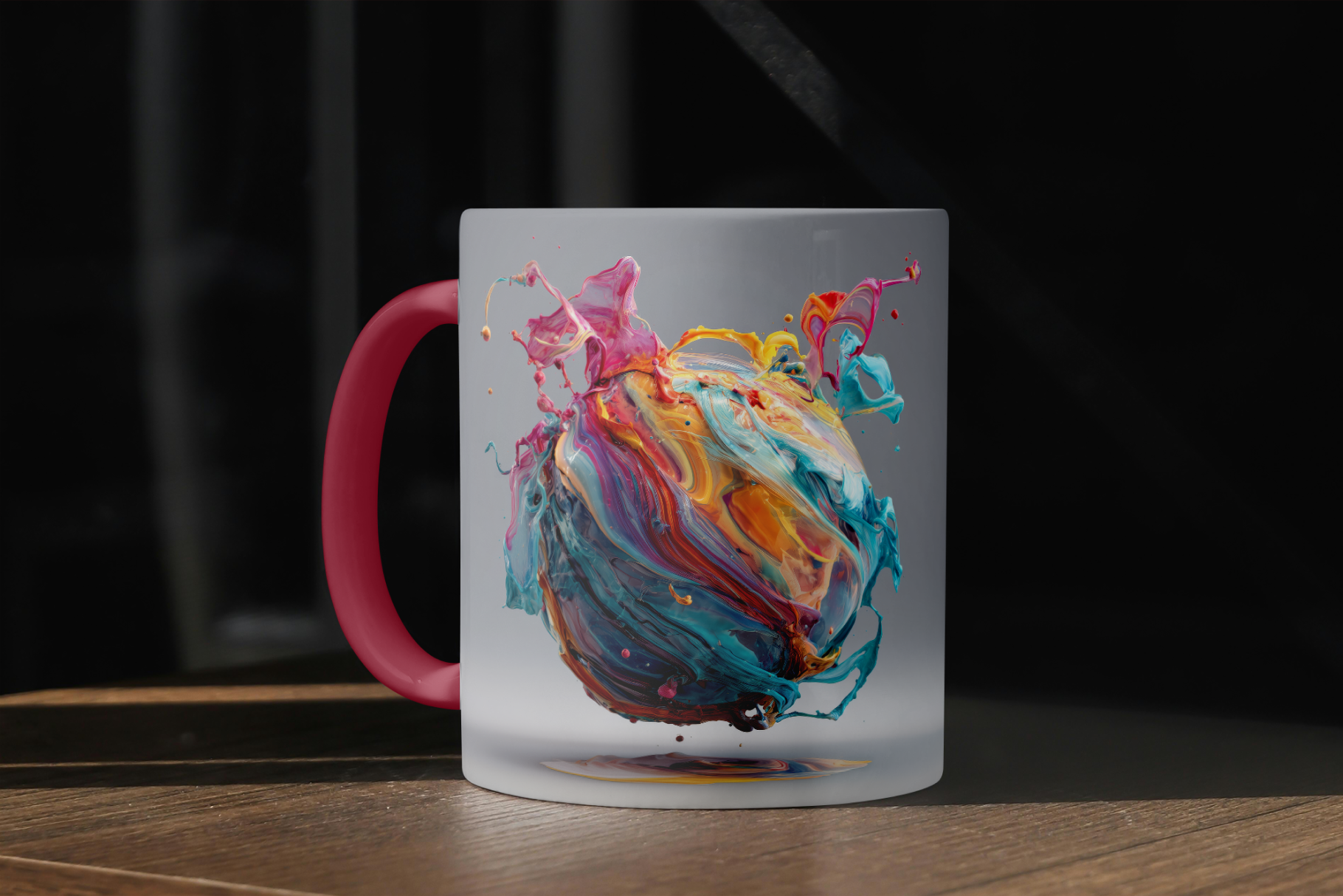 Mug with colorful abstract design on a dark background