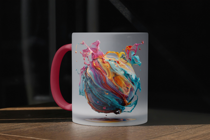 Mug with colorful abstract design on a dark background