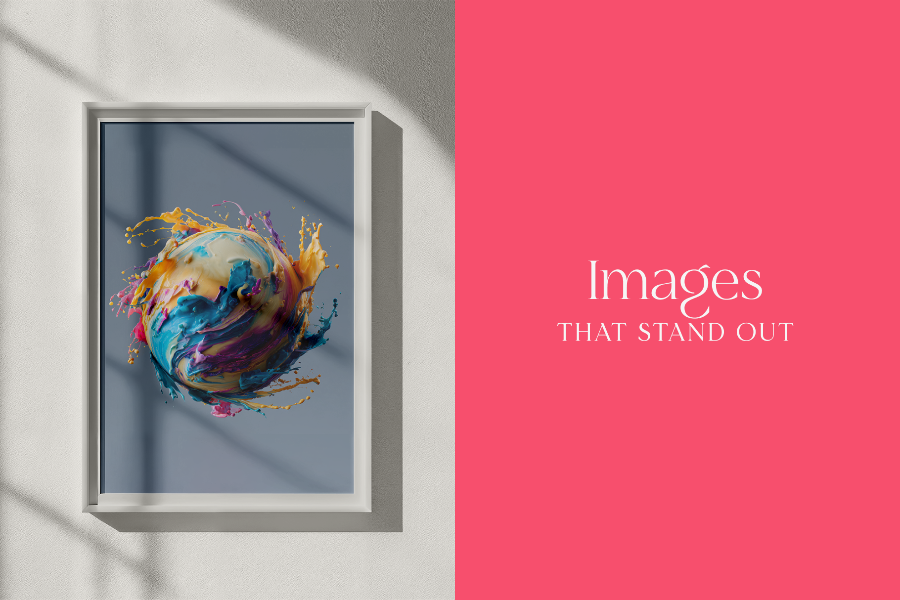 Framed abstract art piece on a wall with a pink background and text 'Images THAT STAND OUT'.