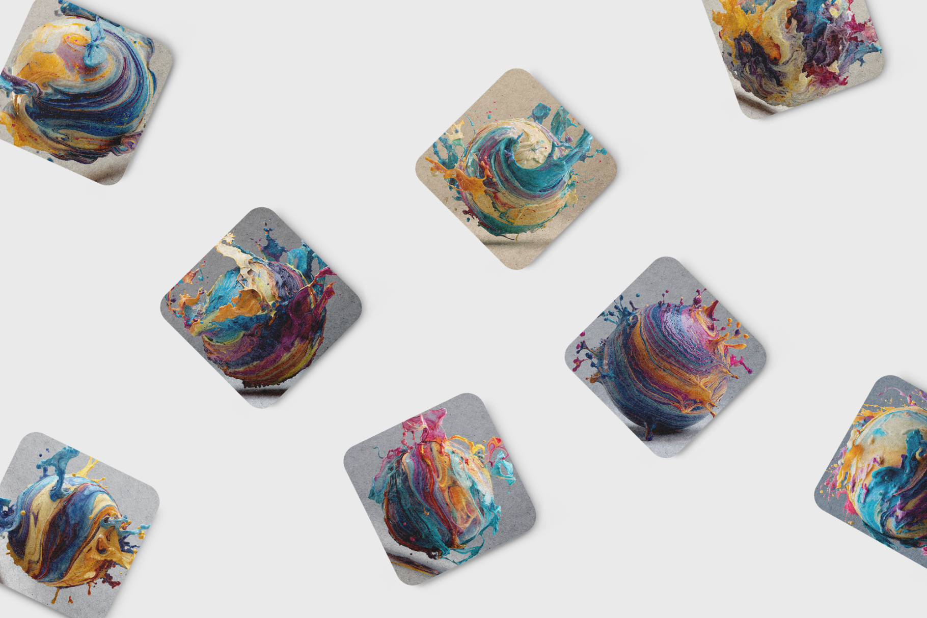 Colorful abstract designs on square coasters arranged on a white surface