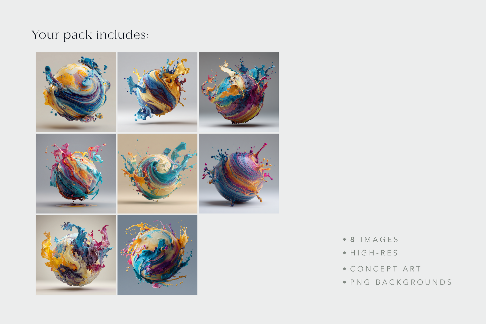 Colorful abstract sphere images with text indicating pack contents on a gray background