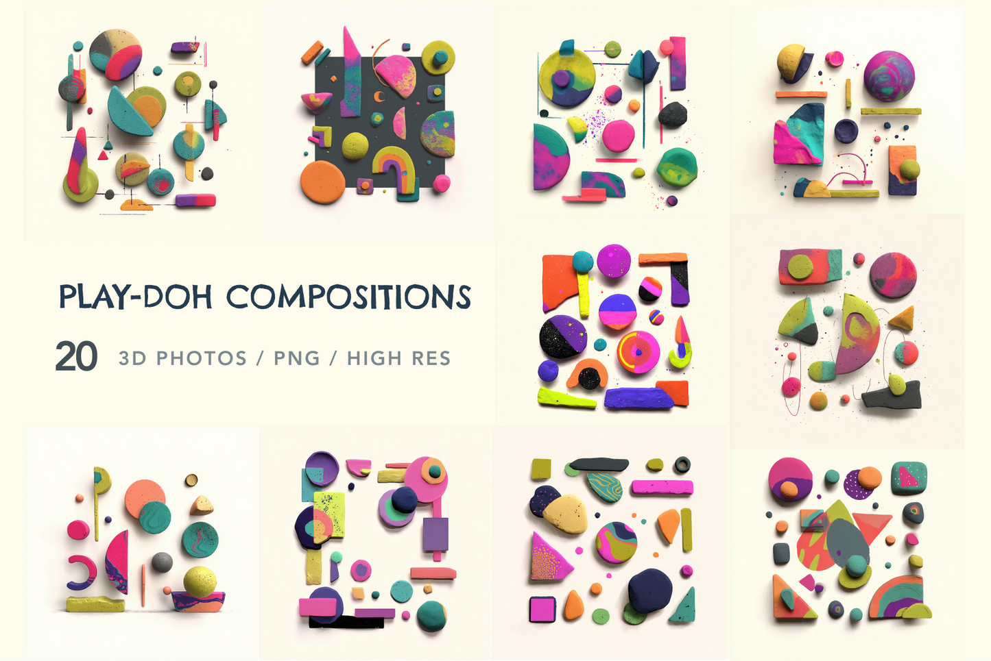 Colorful geometric shapes arranged in a grid on a beige background with text indicating 'Play-Doh Compositions'.