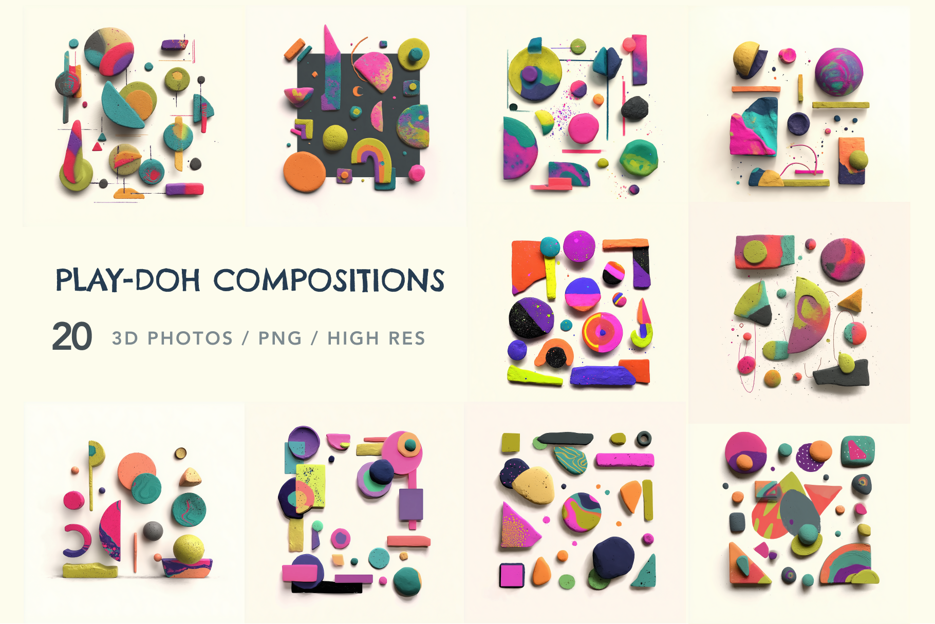 Colorful geometric shapes arranged in a grid on a beige background with text indicating 'Play-Doh Compositions'.