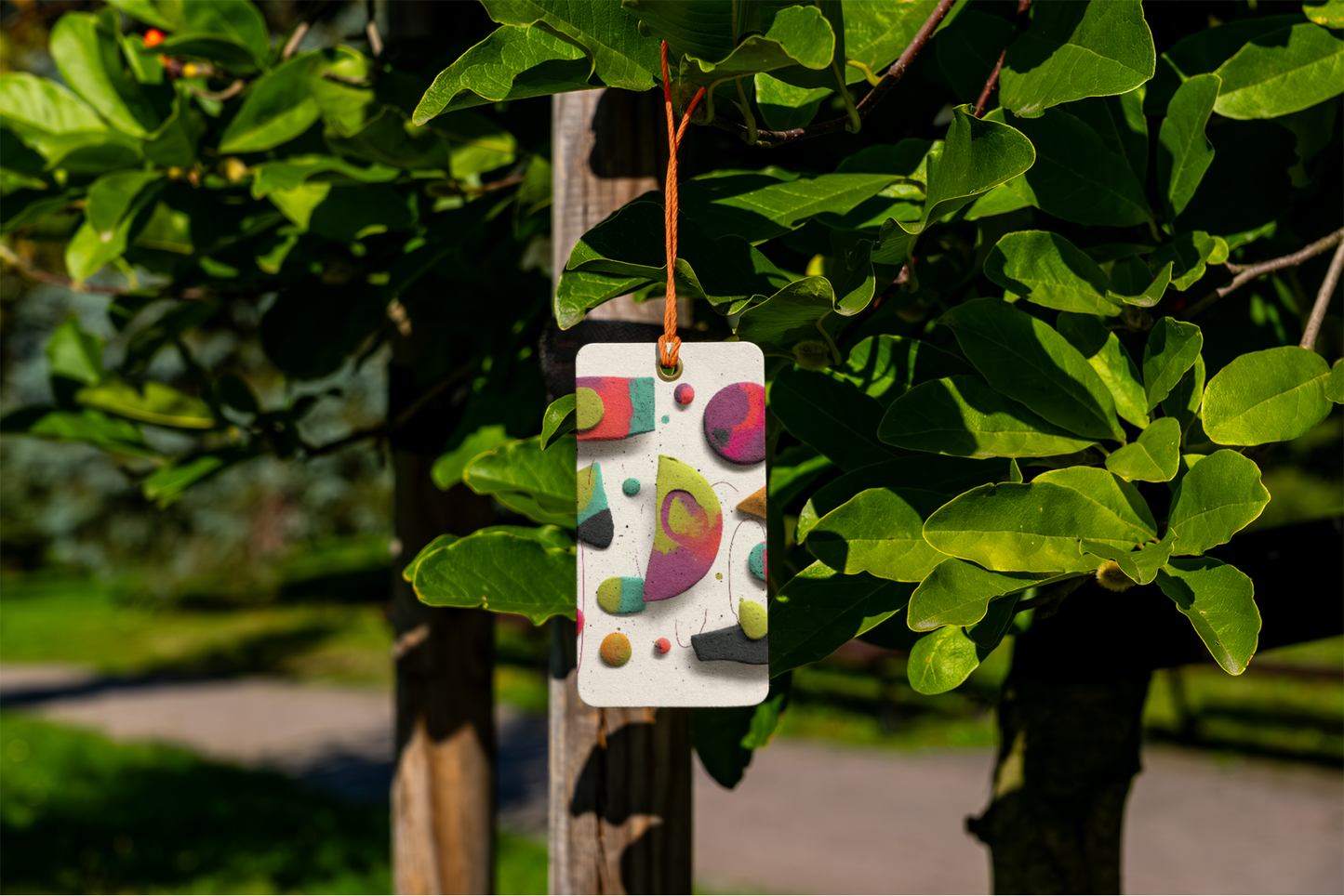 Colorful geometric ornament hanging from a tree