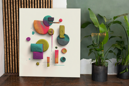 Colorful abstract art piece on a white background with plants in the background