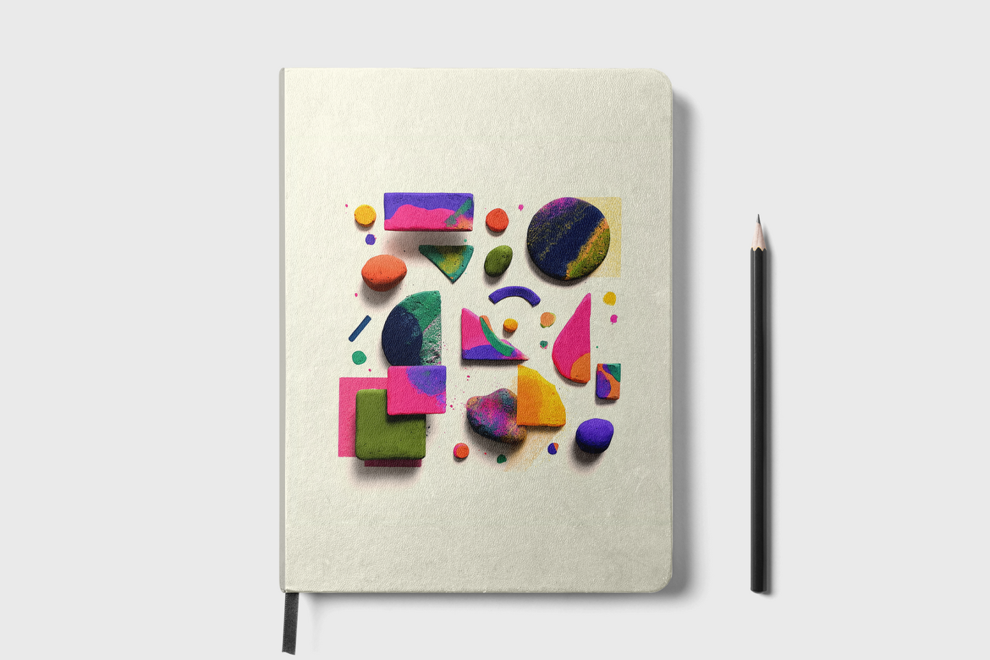 Notebook with colorful geometric shapes on a white background