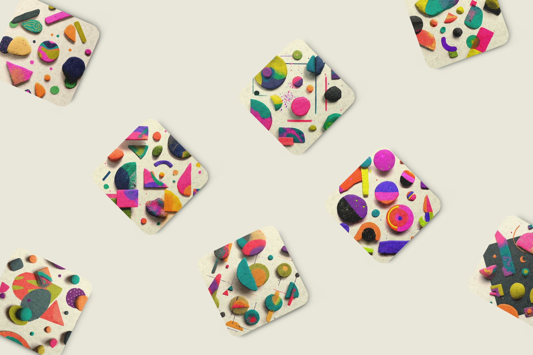 Colorful geometric-patterned coasters on a beige background