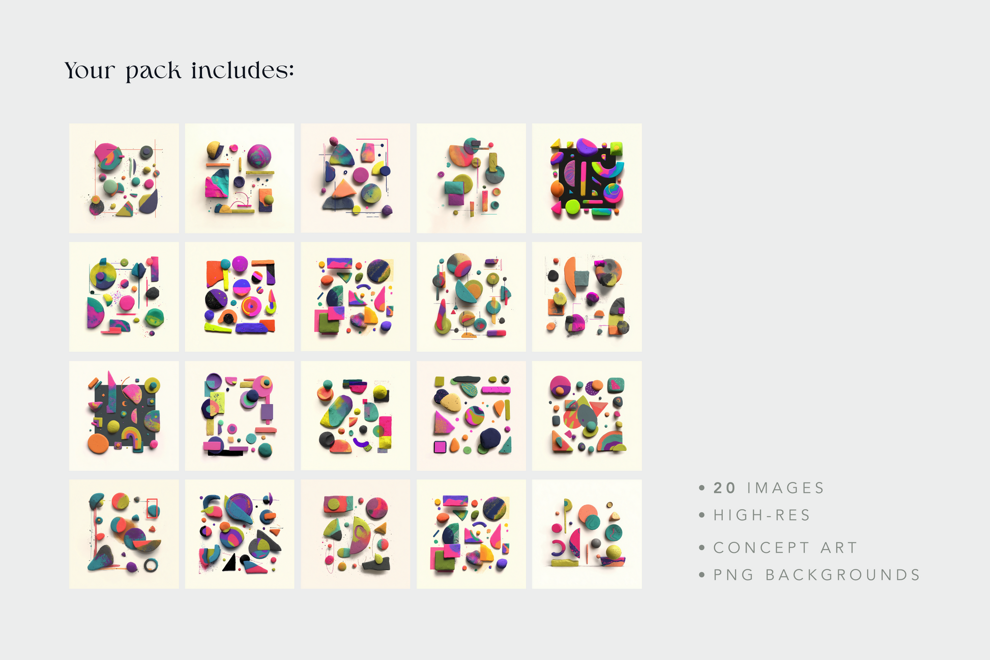 Collection of colorful geometric designs on a light gray background with text indicating package contents.