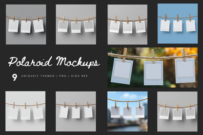Collection of Polaroid mockups with clothespins on a string against various backdrops.
