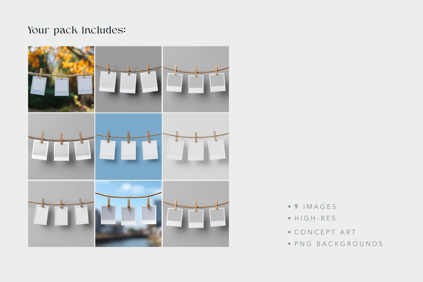Collage of white paper sheets on a clothesline with various backgrounds