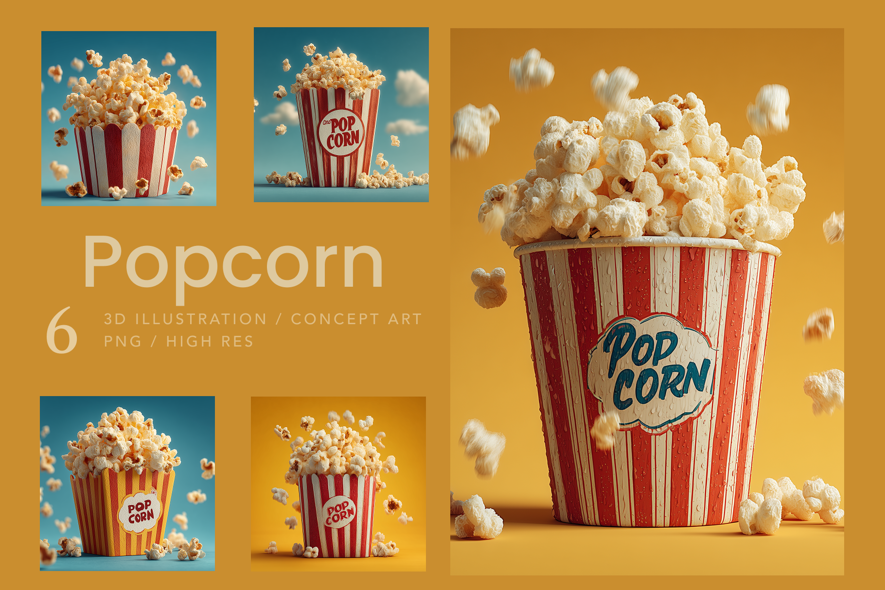 Popcorn illustrations with 'Pop Corn' text on a yellow background