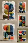 Four abstract art pieces with geometric shapes on a beige background