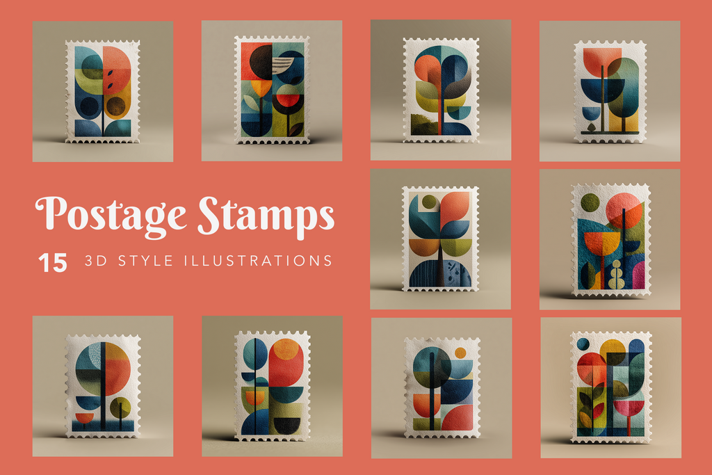 Illustrations of colorful postage stamps on a red background