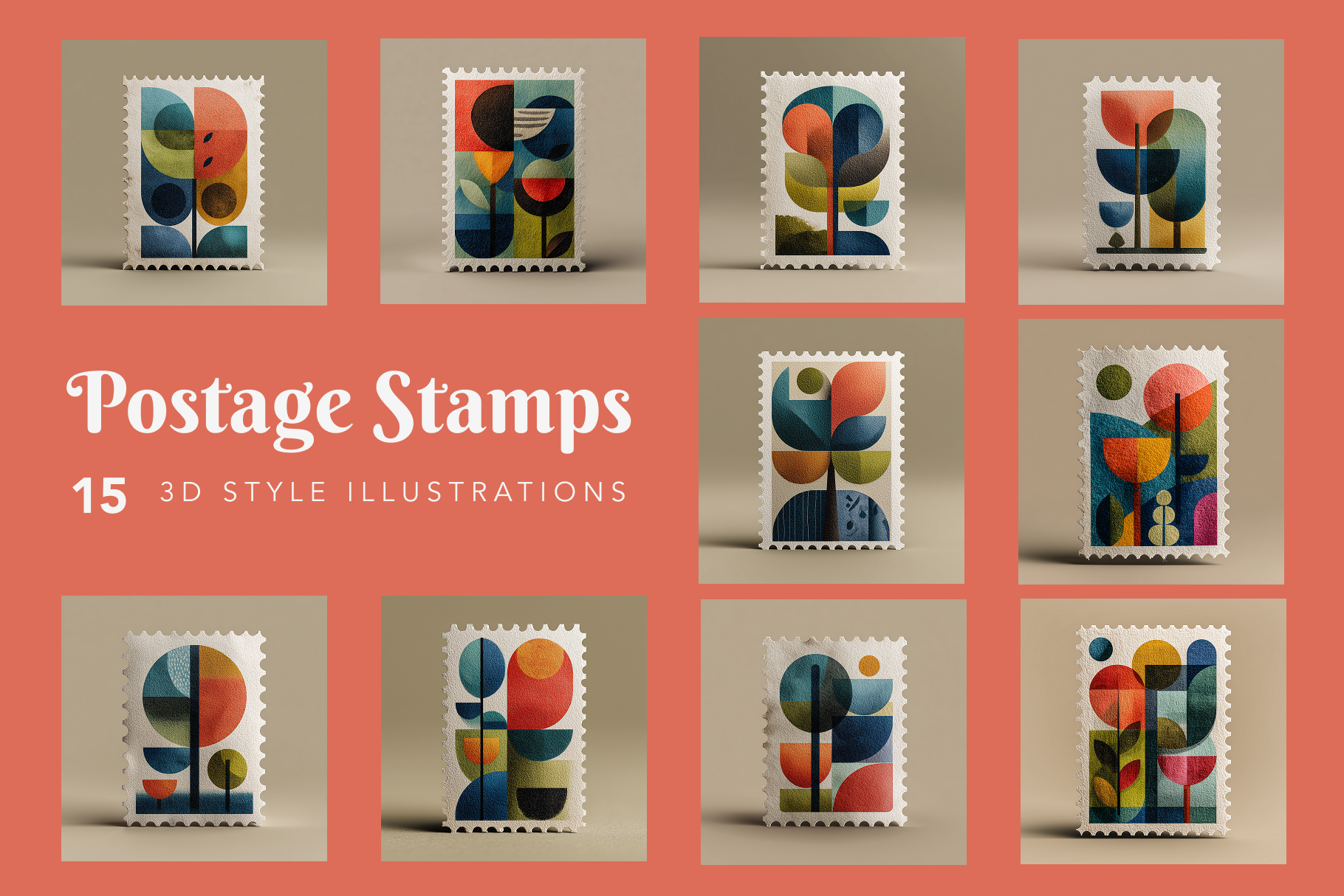 Illustrations of colorful postage stamps on a red background