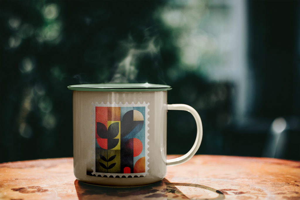 Mug with a colorful design on a wooden surface