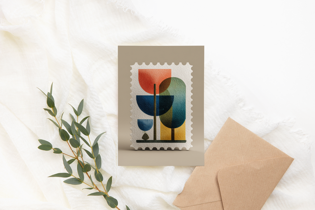Greeting card with a colorful design on a white surface with a brown envelope and greenery.