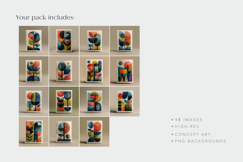 Collection of colorful postage stamps arranged in a grid on a light gray background.
