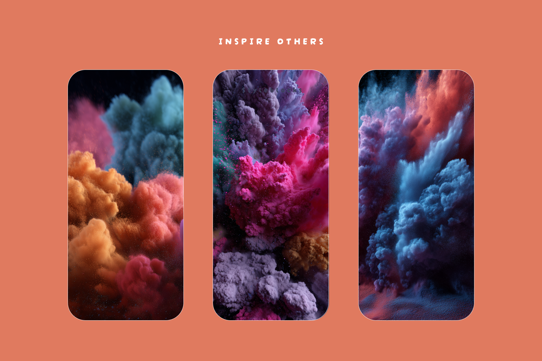 Three panels of colorful cloud-like textures on a peach background with 'Inspire Others' text.