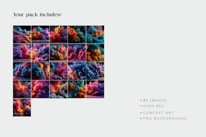 Grid of colorful cloud-like designs with text indicating included images and features.