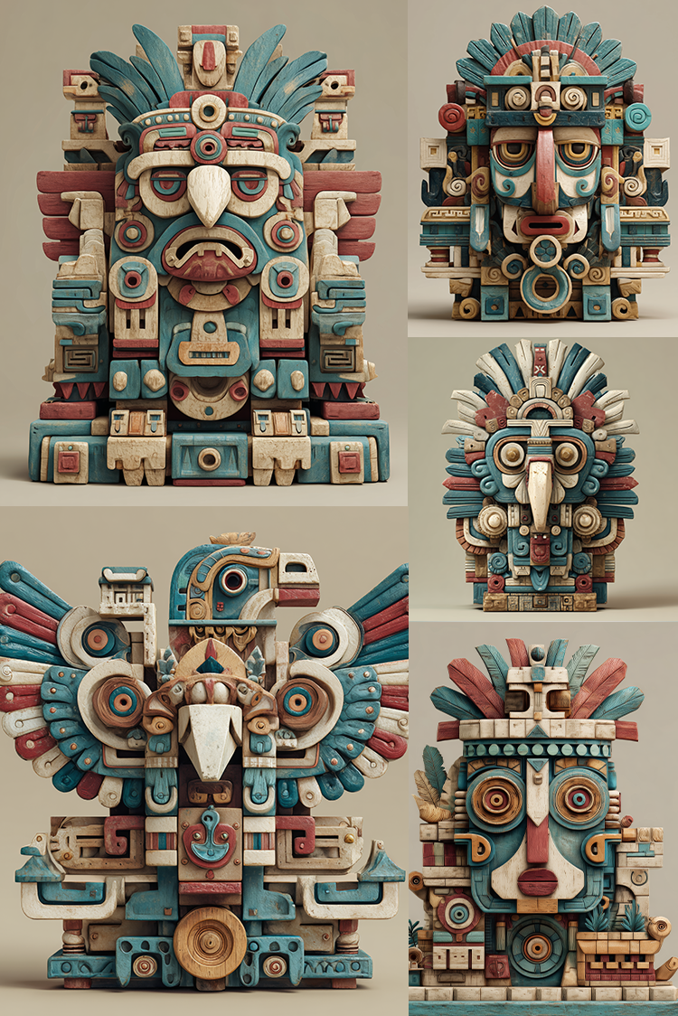 Colorful Mayan-style mask sculpture on a beige background