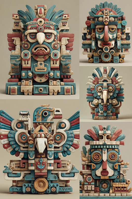 Colorful Mayan-style mask sculpture on a beige background