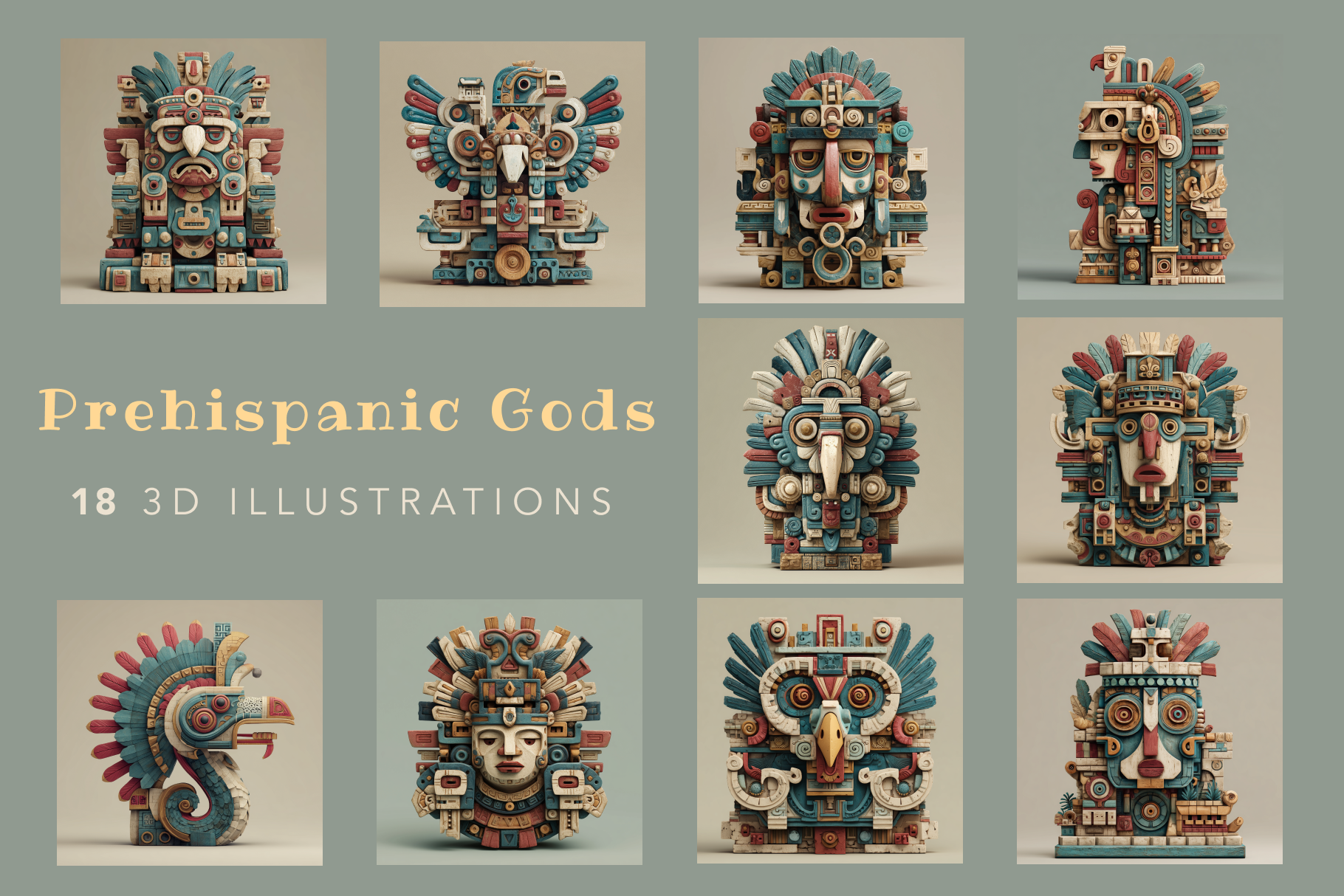 Prehispanic gods illustrations on a gray background
