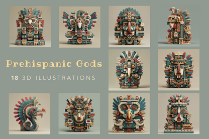Prehispanic gods illustrations on a gray background