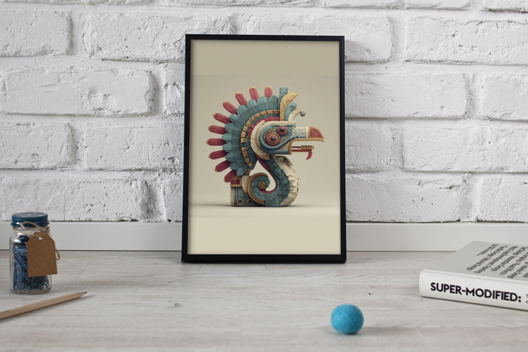 Framed artwork of a stylized bird head on a white brick wall background