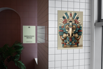 Decorative wall art of a stylized face on a tiled bathroom wall.