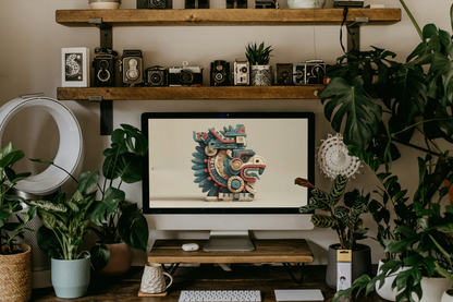 Computer monitor displaying a colorful abstract design in a home office setting with plants and shelves.