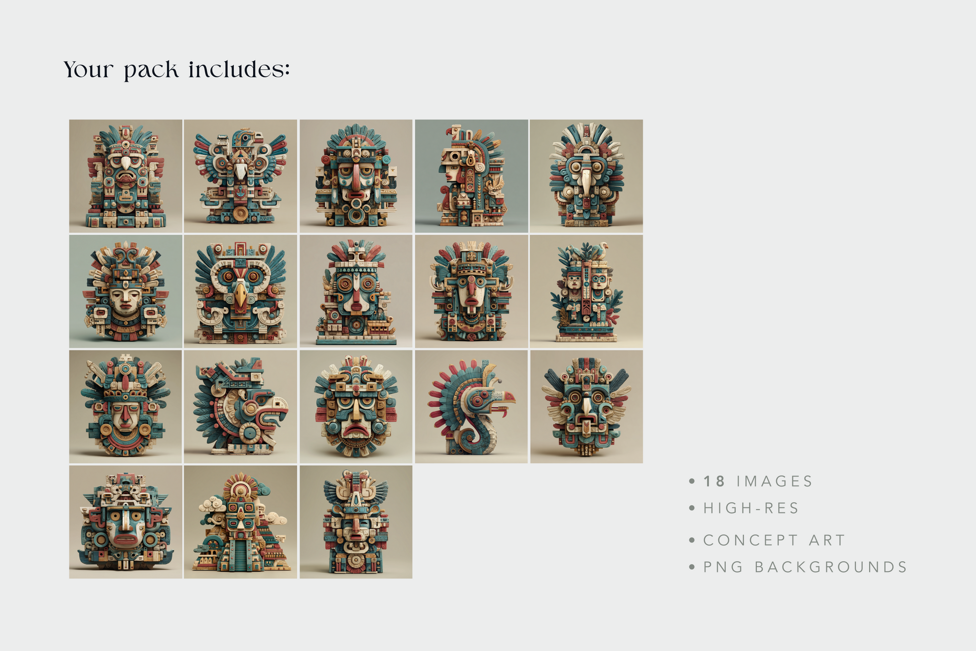 Collection of colorful masks arranged in a grid on a beige background with text indicating the number of images included.