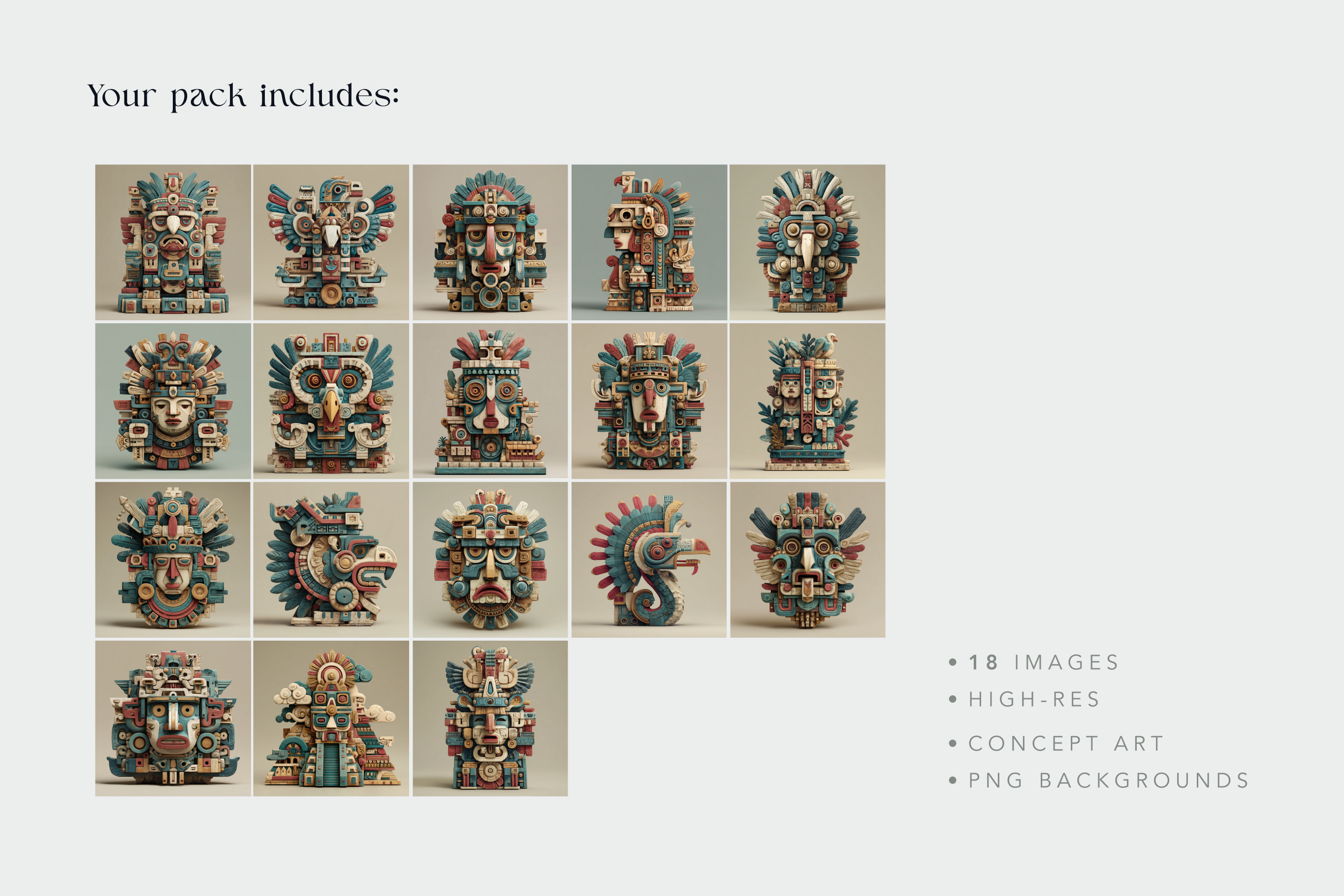 Collection of colorful masks arranged in a grid on a beige background with text indicating the number of images included.