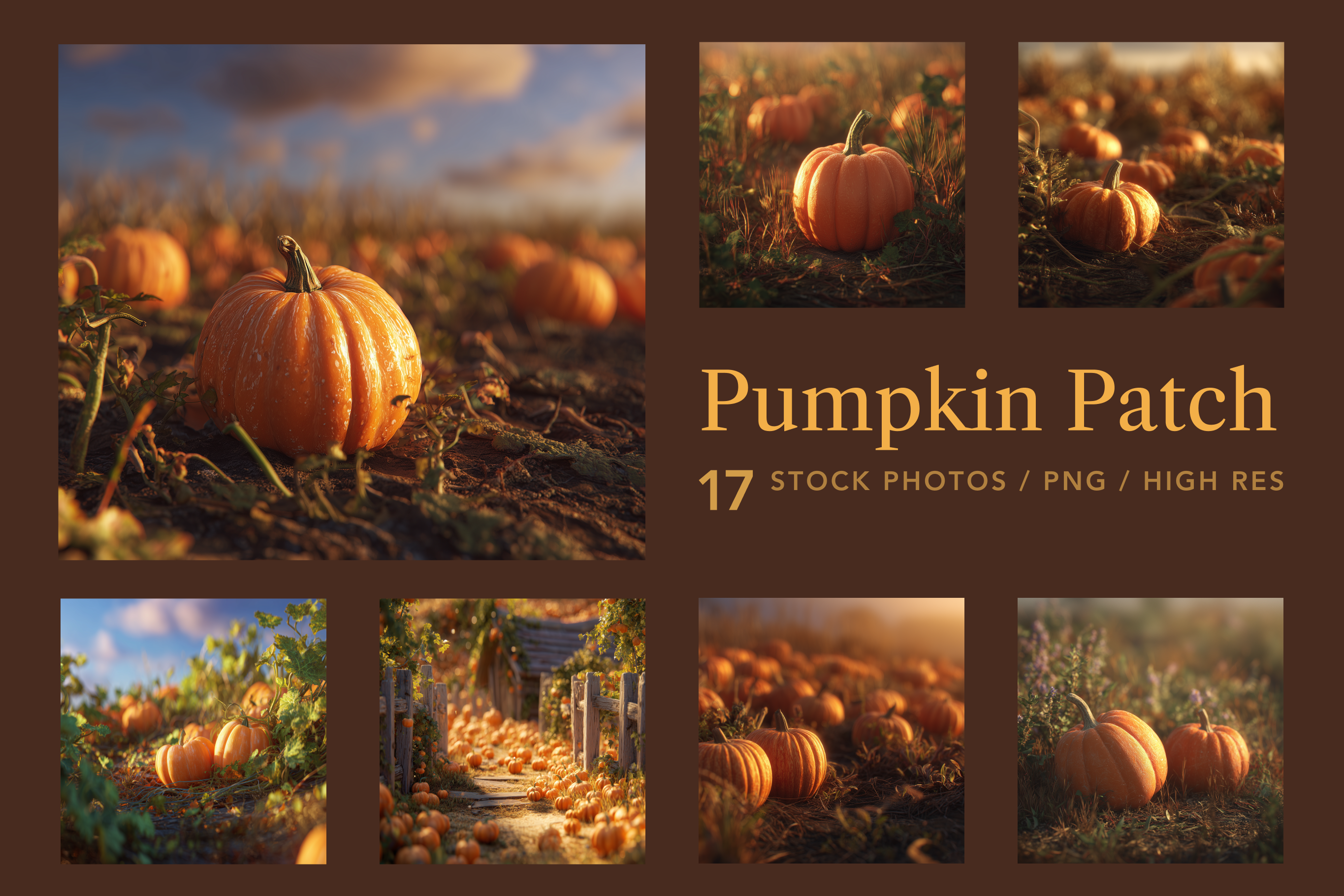Promotional graphic for pumpkin patch stock photos with pumpkins in a field.