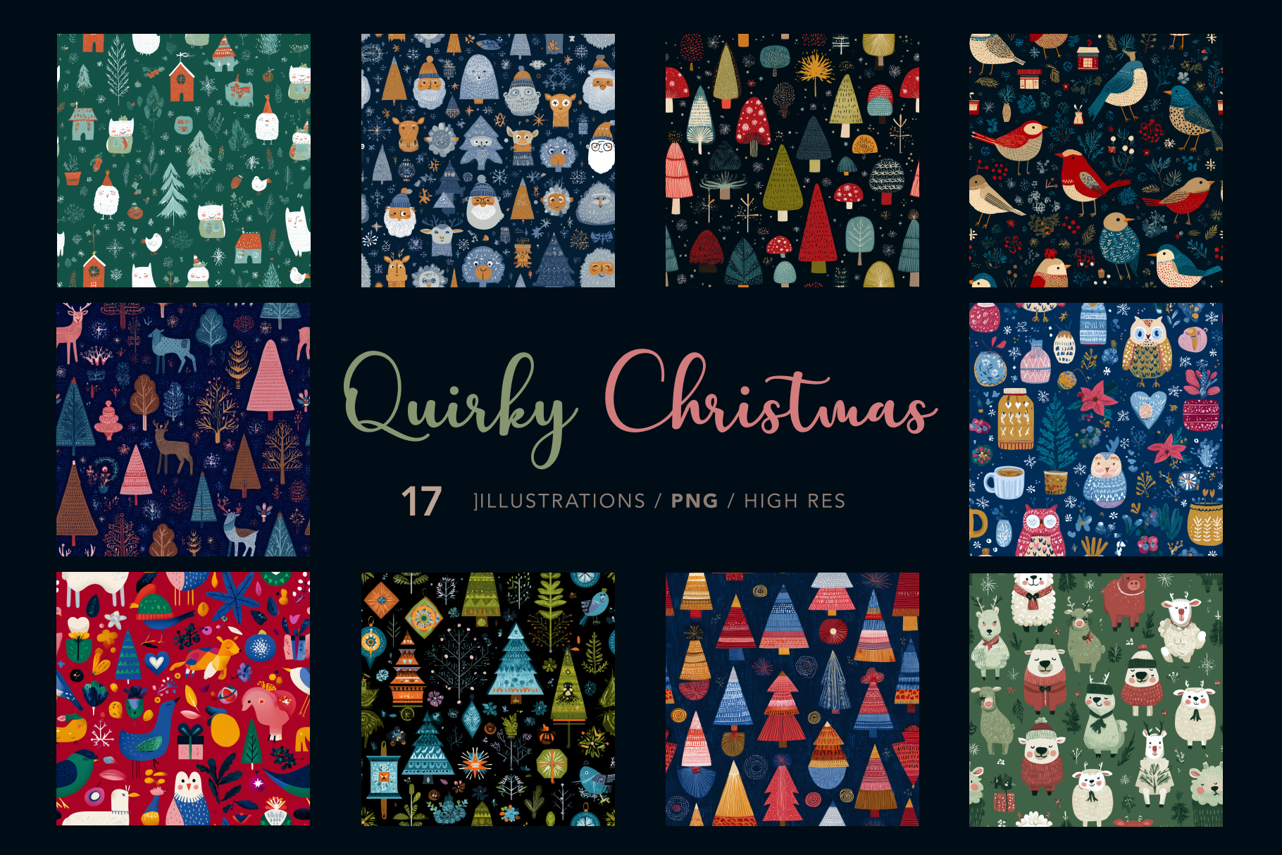 Collection of Quirky Christmas illustrations with various patterns on a dark background.