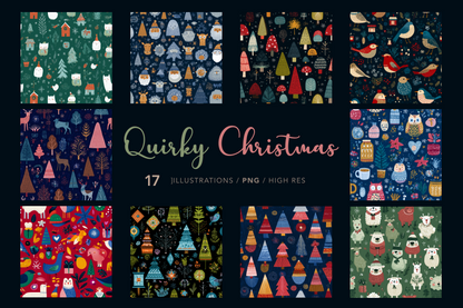 Collection of Quirky Christmas illustrations with various patterns on a dark background.