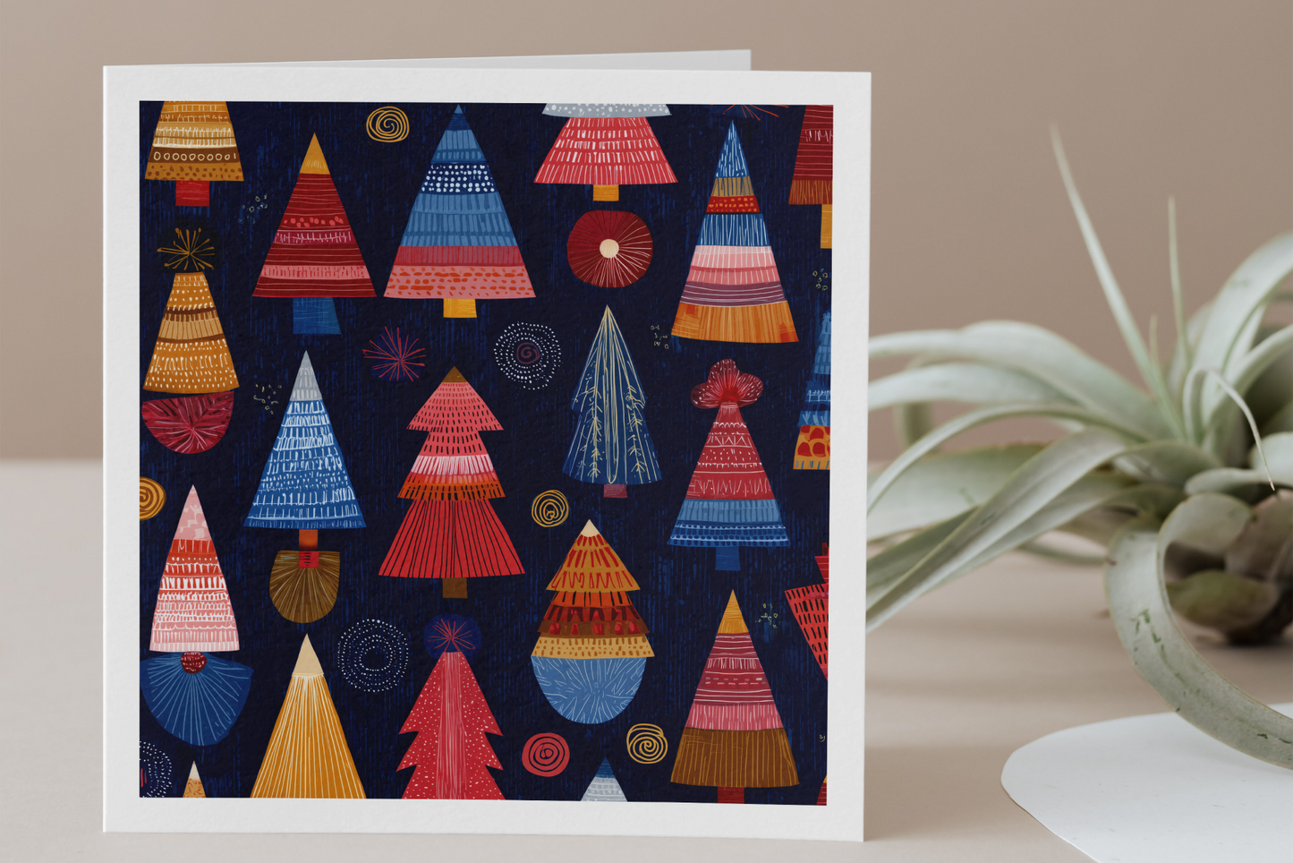 Greeting card with colorful geometric tree pattern on a dark blue background, placed on a surface with a plant in the background.