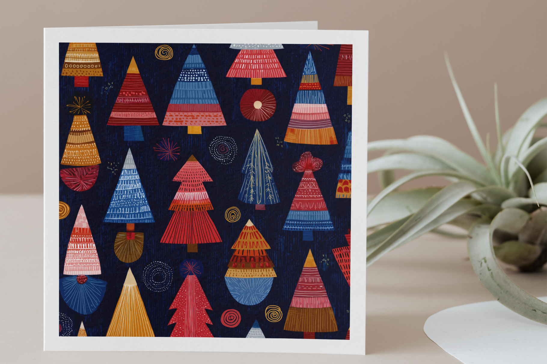 Greeting card with colorful geometric tree pattern on a dark blue background, placed on a surface with a plant in the background.