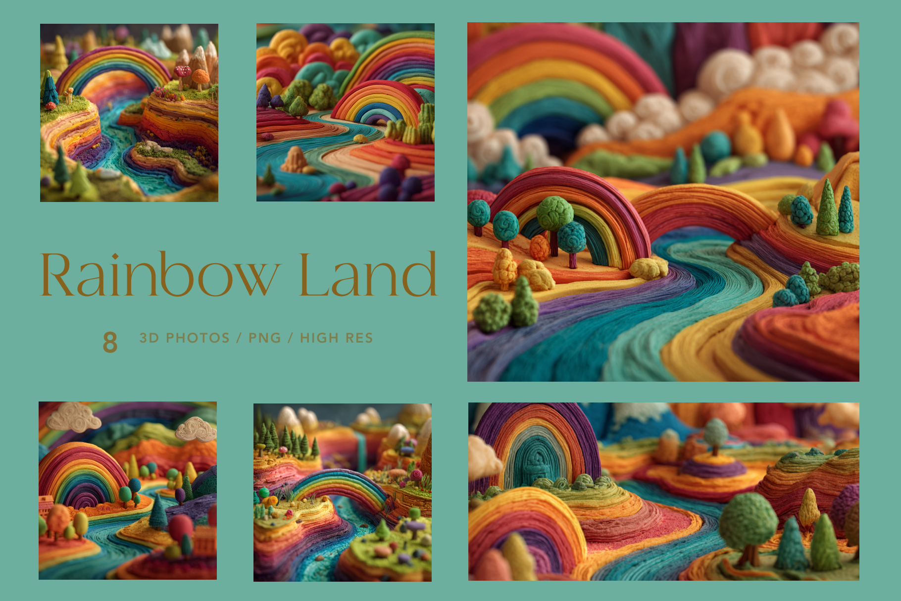 Collage of colorful rainbow-themed landscapes with 'Rainbow Land' text on a teal background.