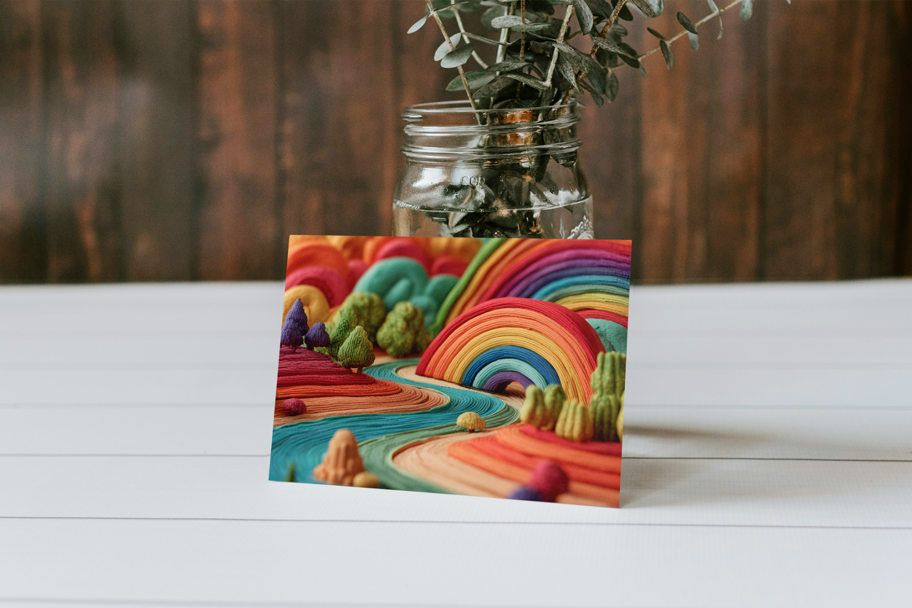 Colorful landscape card with a jar of plants on a wooden surface