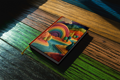 Colorful notebook with a rainbow design on a wooden surface