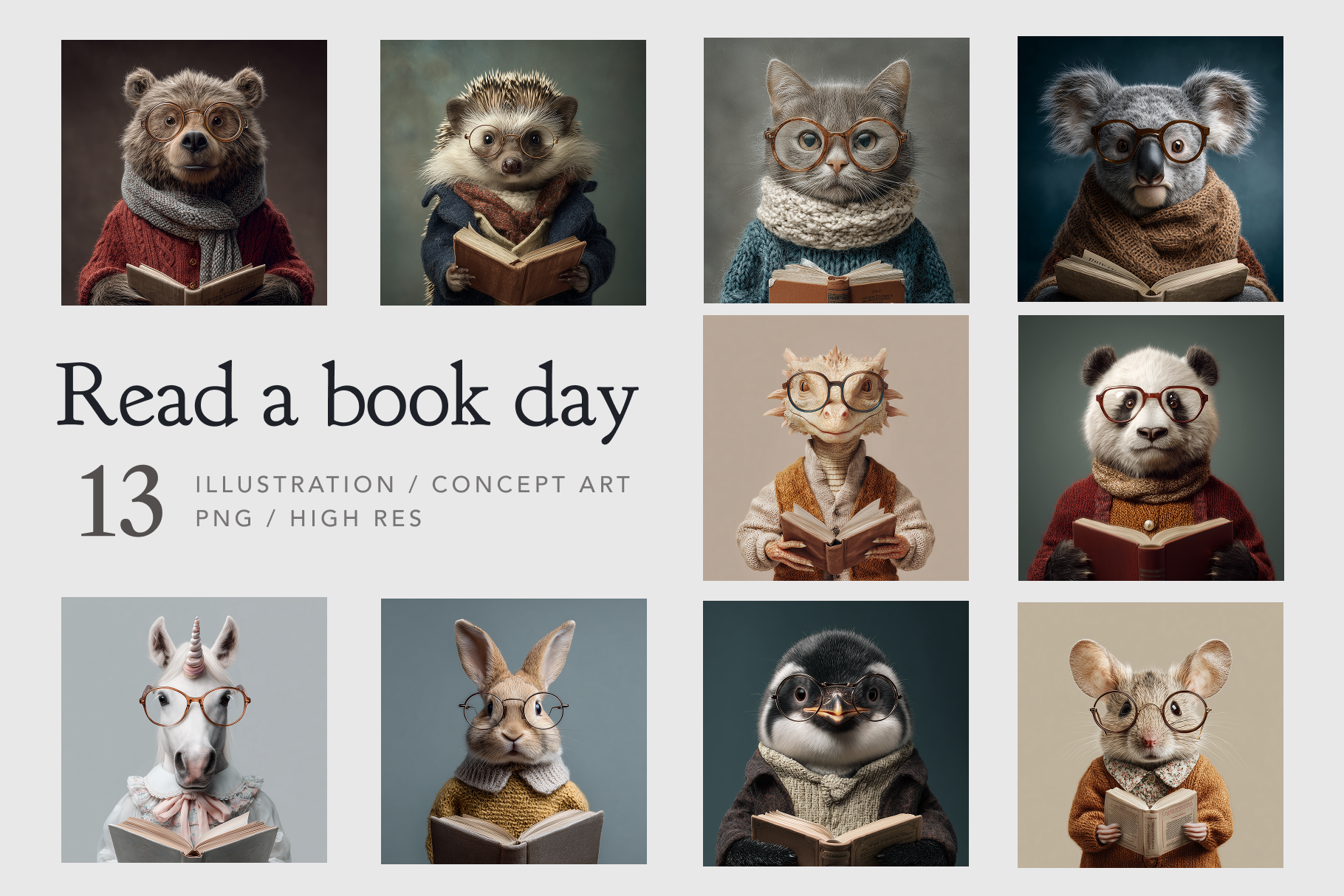 Illustrations of animals reading books with the text 'Read a book day' and '13 illustration/concept art PNGs'.