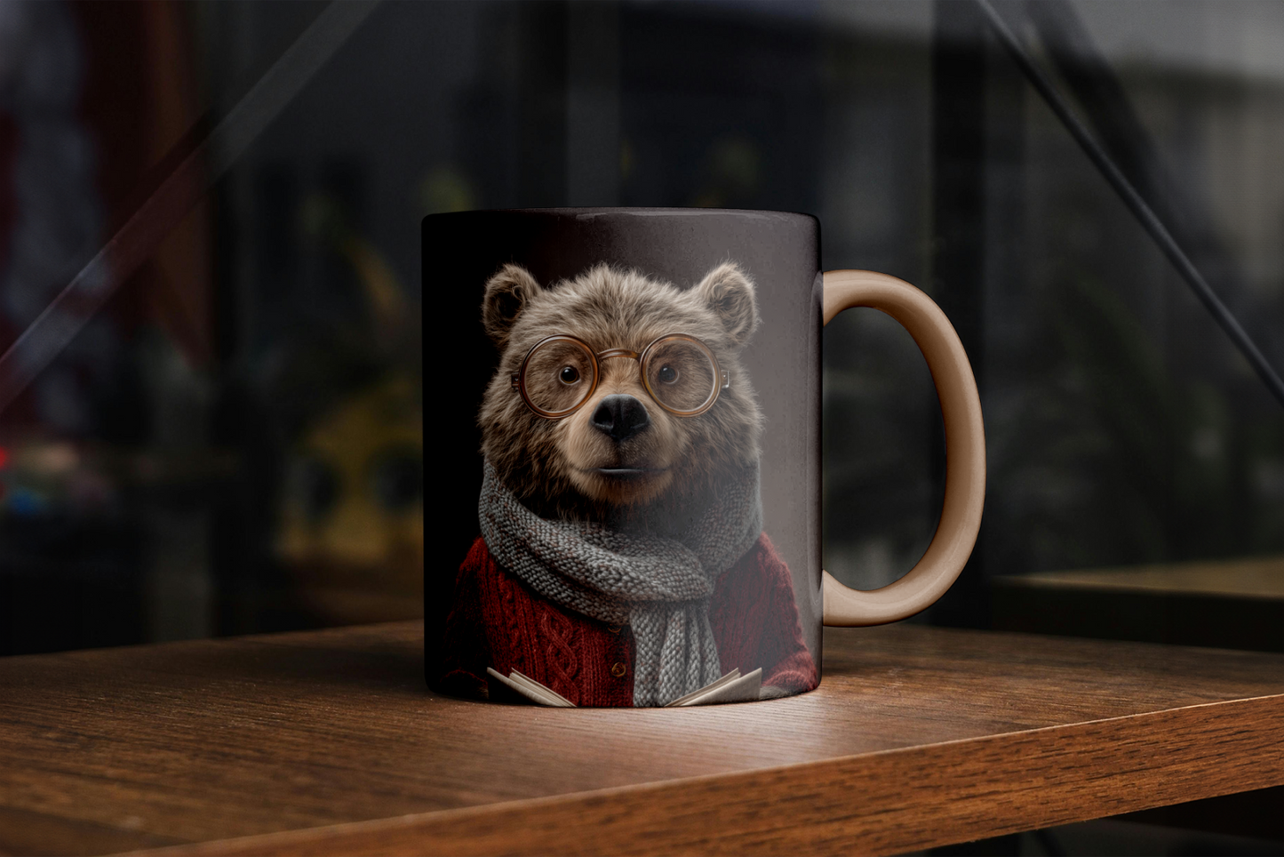 Mug with a bear design wearing glasses and a scarf on a wooden surface.