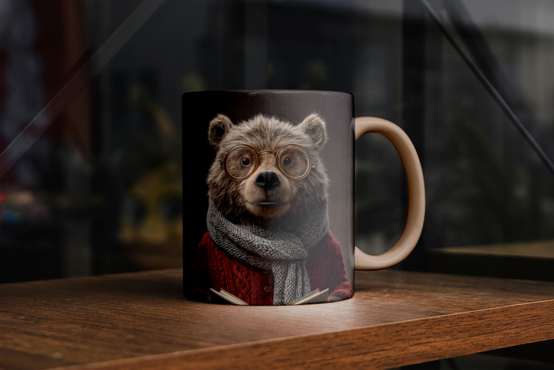 Mug with a bear design wearing glasses and a scarf on a wooden surface.