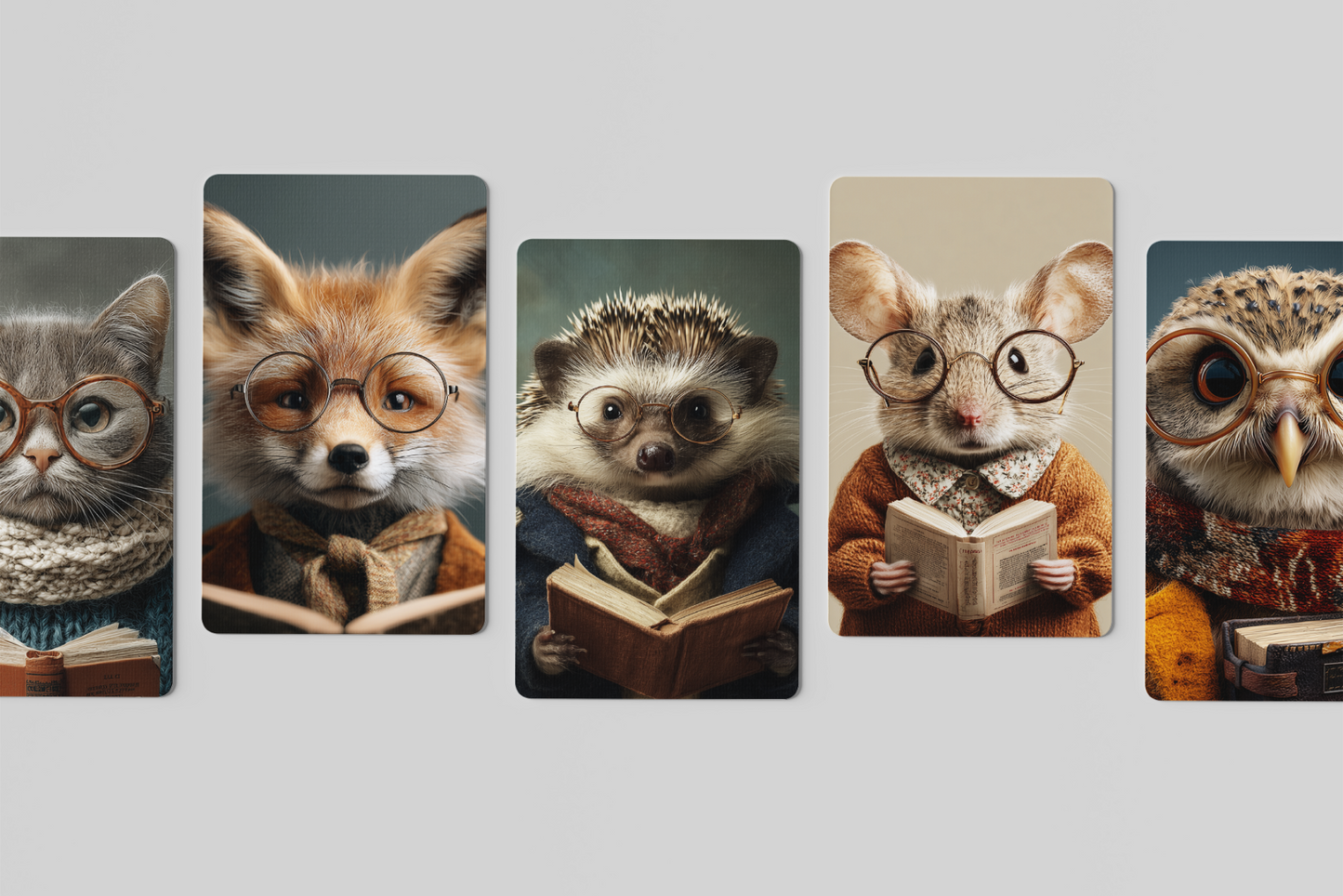 Set of six animal cards with glasses and books on a light gray background