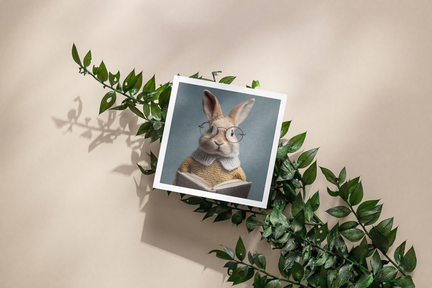 Framed picture of a rabbit wearing glasses and reading a book, surrounded by green leaves on a beige background.