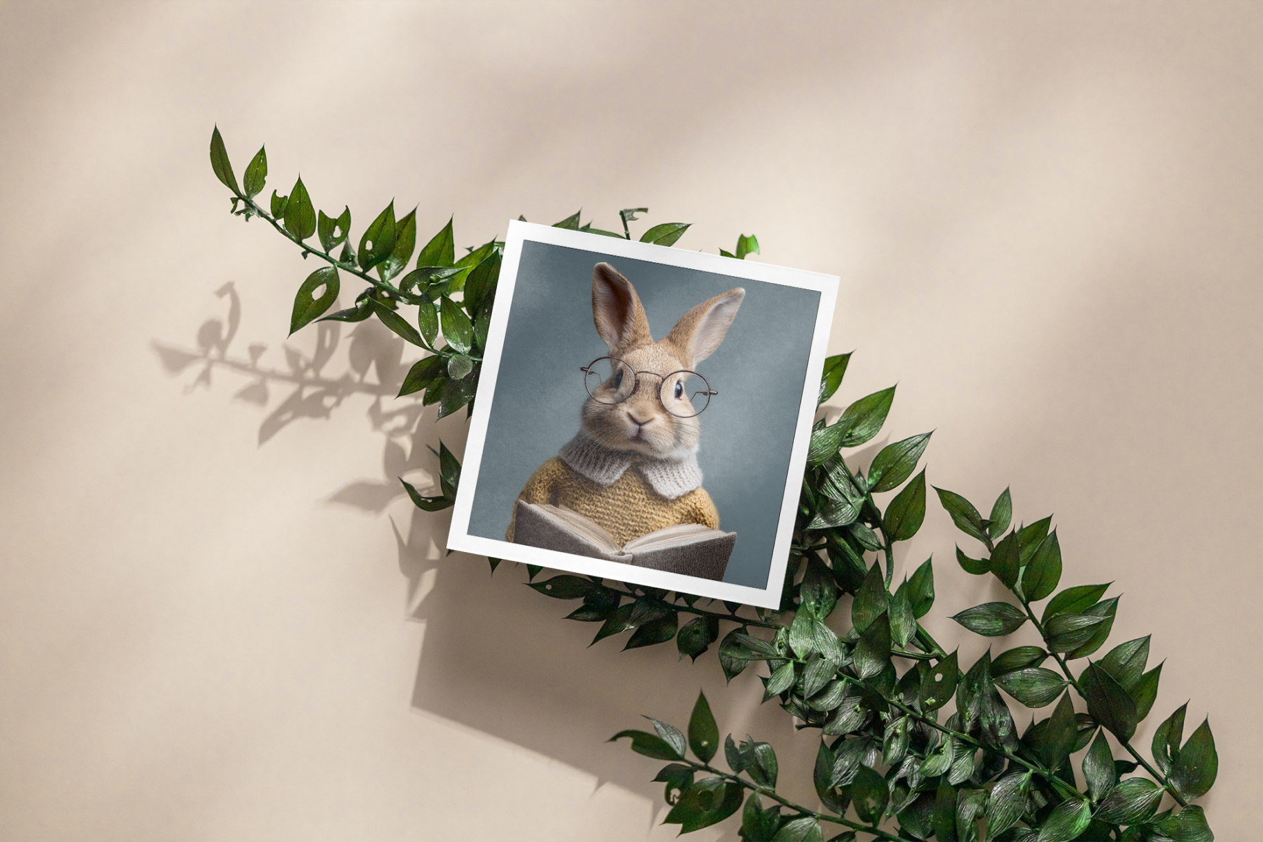 Framed picture of a rabbit wearing glasses and reading a book, surrounded by green leaves on a beige background.