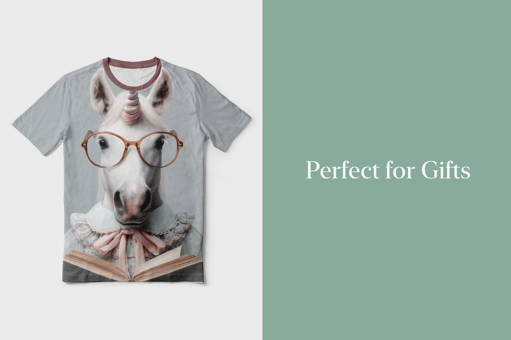 T-shirt with a horse wearing glasses and reading a book design, labeled 'Perfect for Gifts'.