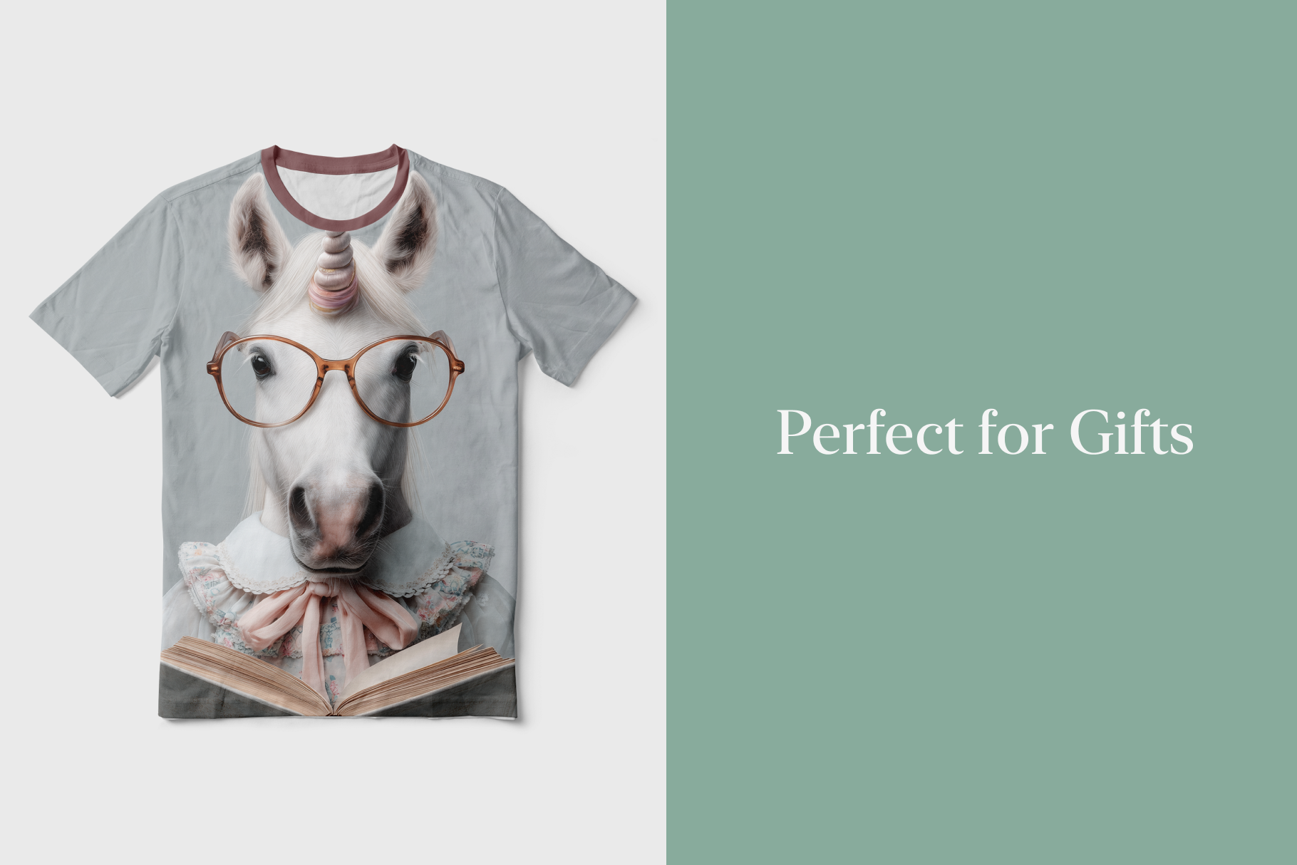 T-shirt with a horse wearing glasses and reading a book design, labeled 'Perfect for Gifts'.