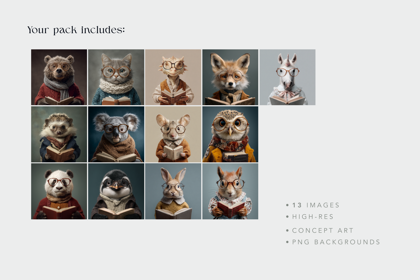 Collection of animal figurines with human-like poses on a gray background